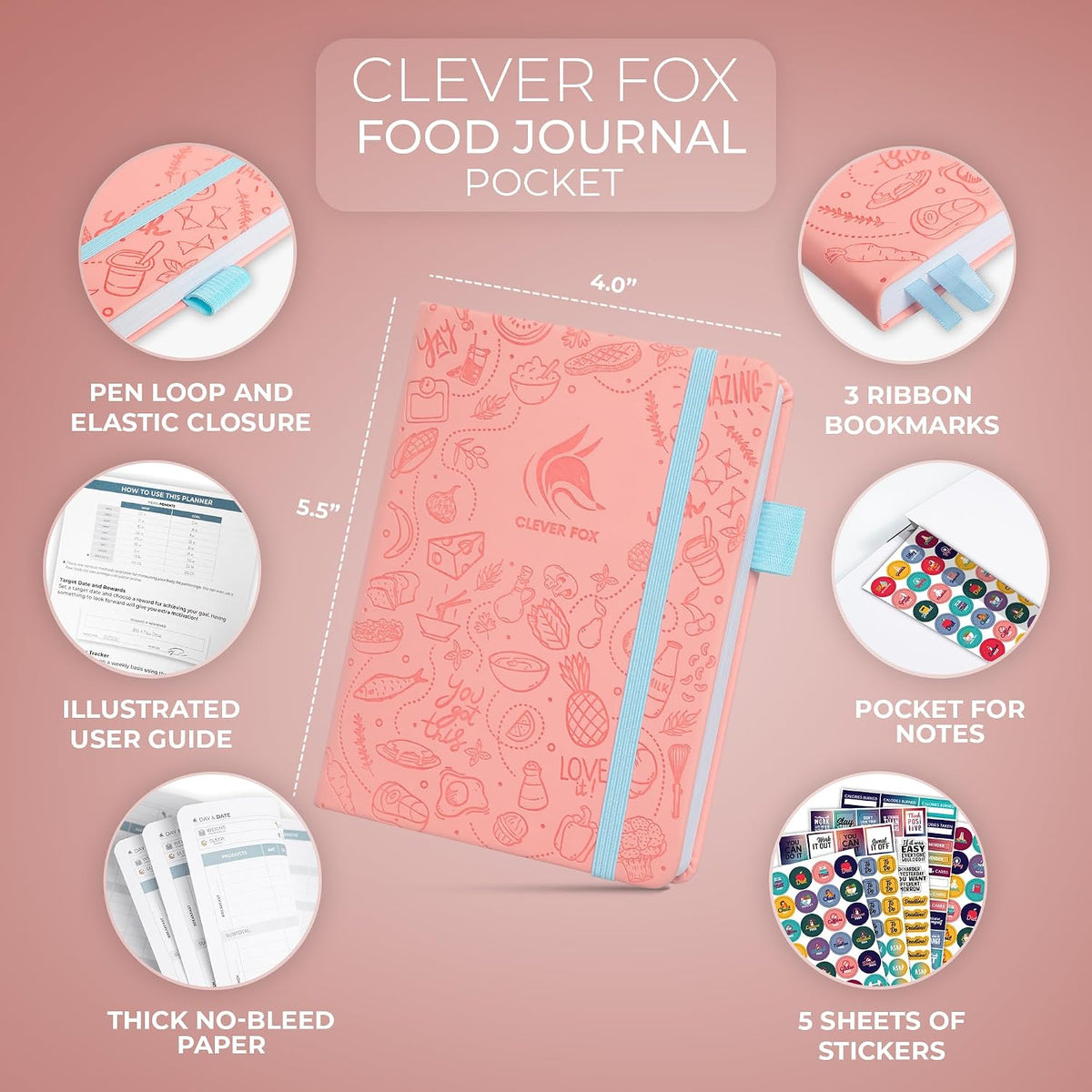 Clever Fox Food Journal for Women & Men, Weight Loss Tracker, Aquamarine