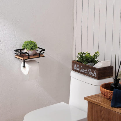 Rustic Farmhouse Toilet Paper Holder with Shelf - Farmhouse Bathroom Rustic Country Decor - Rustic Bathroom Accessories with Warm Brown Wood Shelf for Wipes&Cell Phone&Reading, Black Metal