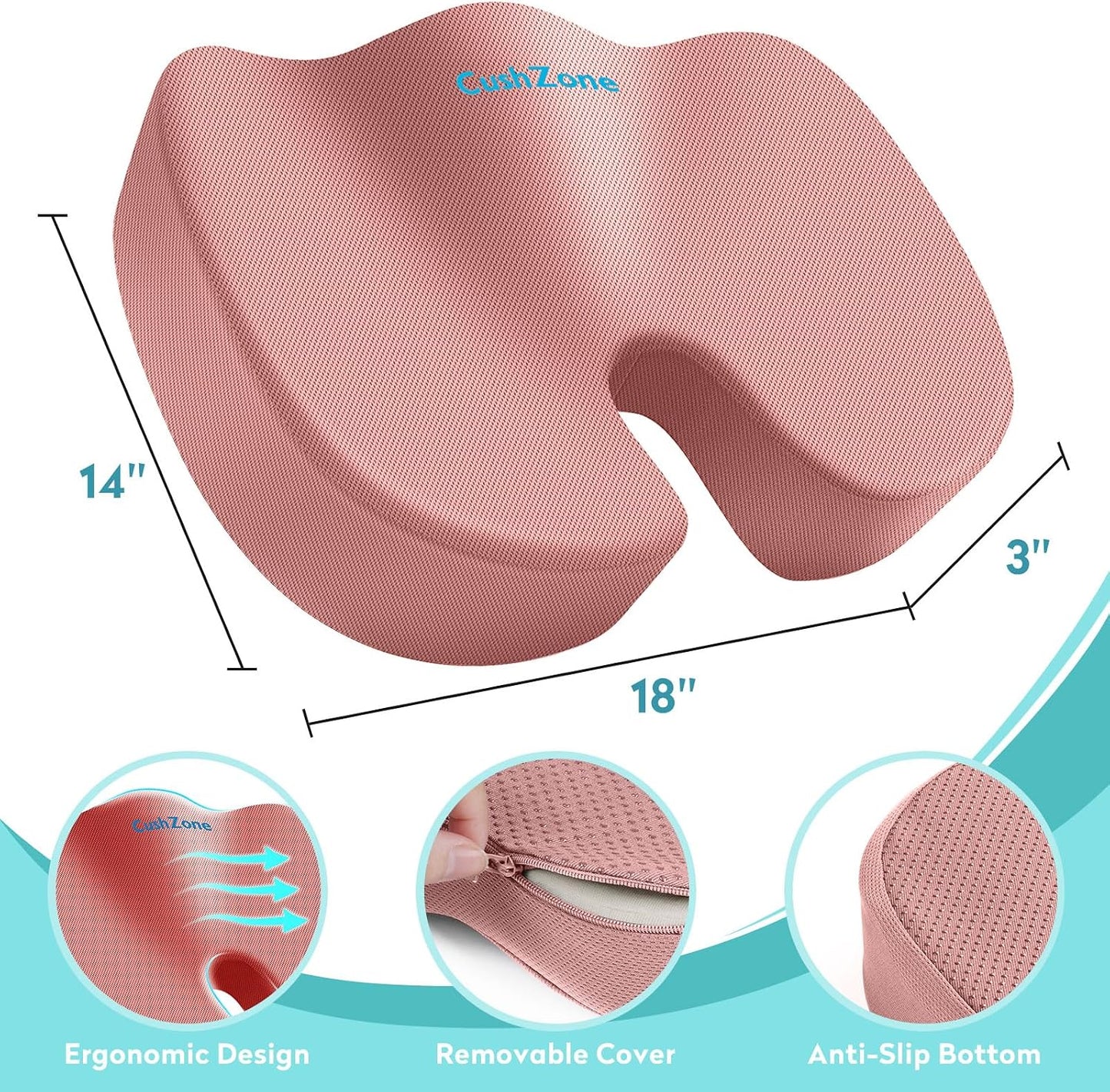 Gel Seat Cushion, Enhanced Memory Foam Cushion for Tailbone Pain, Black | Cooling Gel for Office Chair, U-shaped Design Chair Cushion for Gaming, Car, Wheelchair, Non-Slip Base, Washable Cover