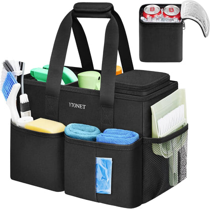 Ytonet Cleaning Caddy, Water Resistant Cleaning Supplies Organizer, Black | With Leakproof Cooler bag, Foldable Divider, Handle, Housekeeping Tote for Cleaners, Kitchen, Bathroom, Car Tool Caddy