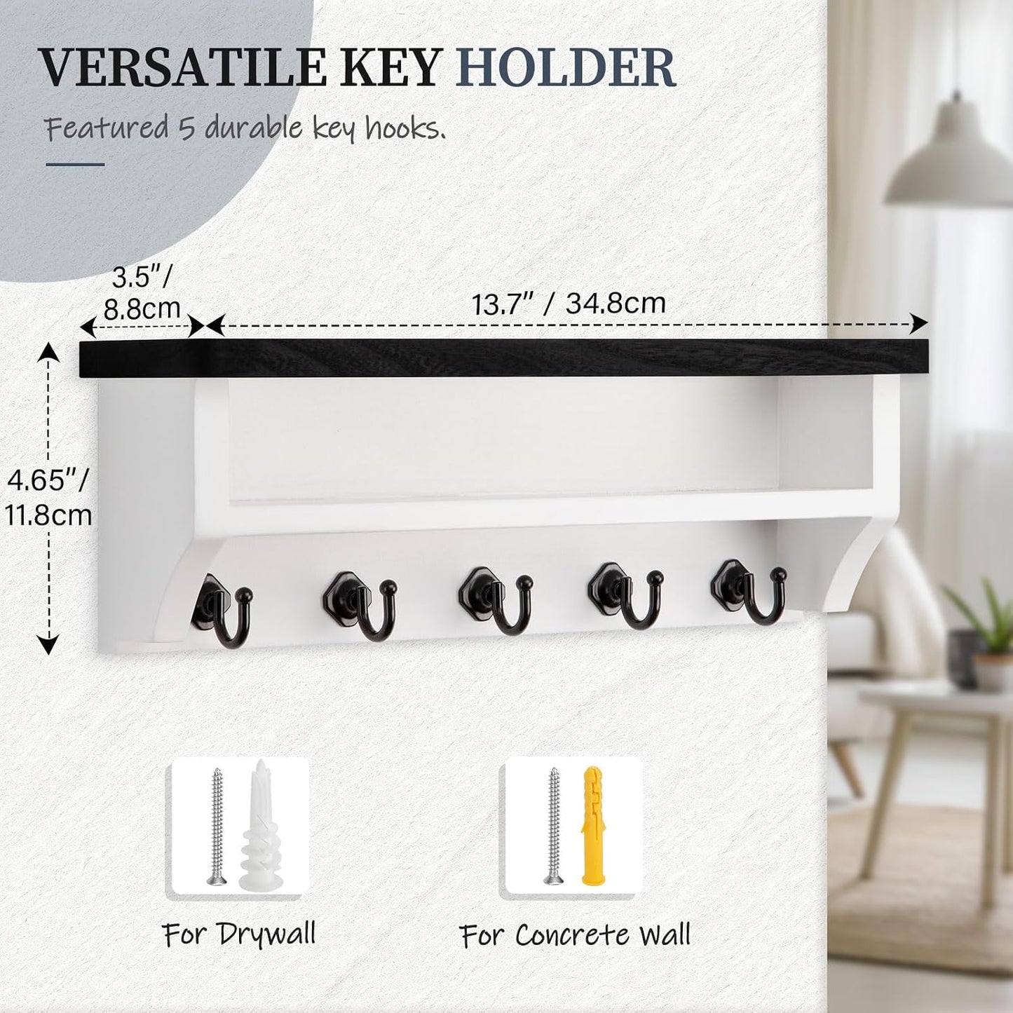 Nekon Key Holder Wall Mount, Wall Organizer Shelf with 5 Key Hooks | Wall Mounted Key Rack Room Decor for Home and Apartment Essentials