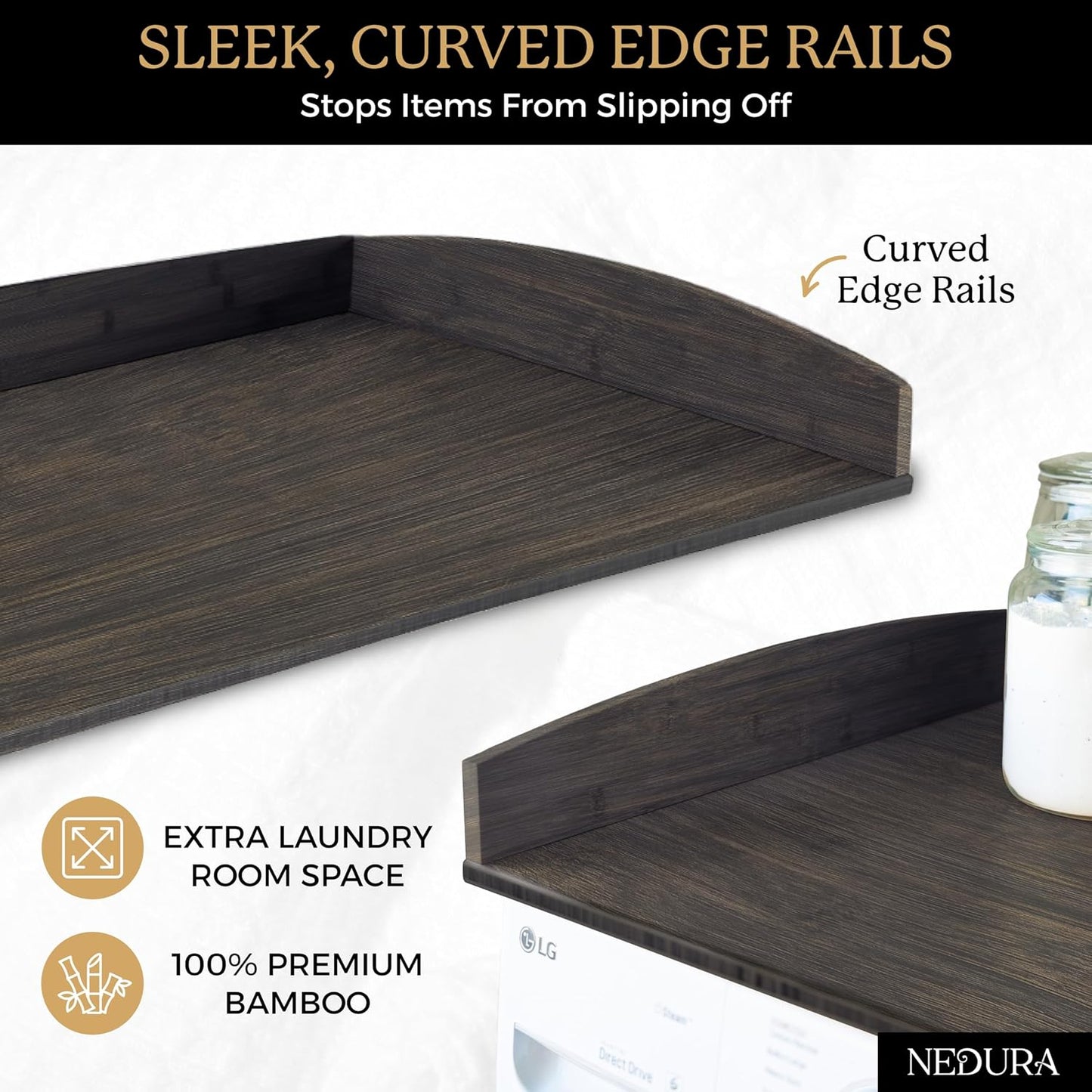 Nedura Washer Dryer Countertop with Anti-Vibration Pads, Curved Edge Rails, Premium Bamboo Laundry Countertop, Washer Dryer Topper, Laundry Room Organization, Laundry Room Accessory – Dark Walnut