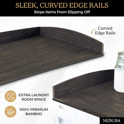 Nedura Washer Dryer Countertop with Anti-Vibration Pads, Curved Edge Rails, Premium Bamboo Laundry Countertop, Washer Dryer Topper, Laundry Room Organization, Laundry Room Accessory – Dark Walnut