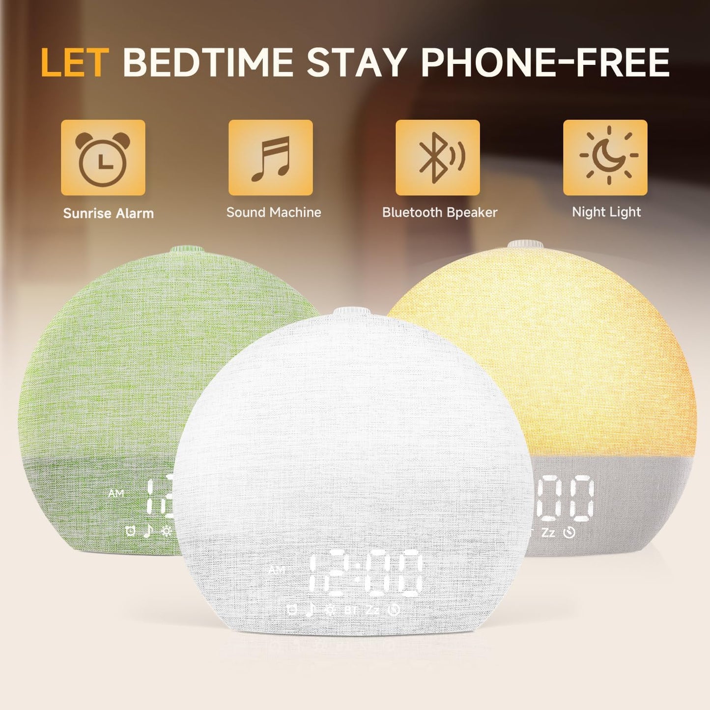 Geuuap Sunrise Alarm Clock White Noise Machine with Bluetooth Speaker,Khaki | 30 Soothing Sounds, 17 Dimmable lights, Simulated Sunrise, Backup Battery Memory, Auto-off Sleep Timer, Screen-Free Design