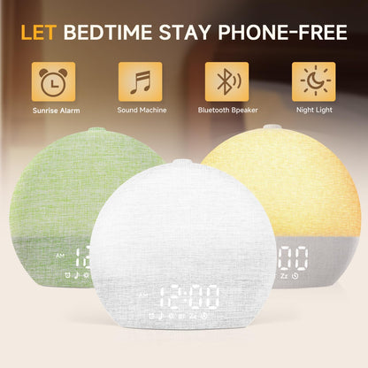 Geuuap Sunrise Alarm Clock White Noise Machine with Bluetooth Speaker,Khaki | 30 Soothing Sounds, 17 Dimmable lights, Simulated Sunrise, Backup Battery Memory, Auto-off Sleep Timer, Screen-Free Design
