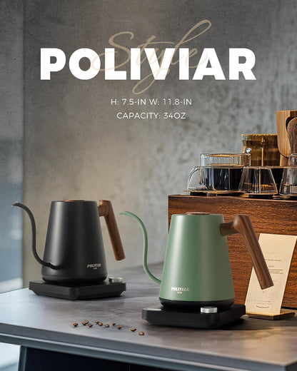 POLIVIAR Electric Gooseneck Kettle, 1350W Electric Tea Kettle Wood Pattern Handle, 34oz Pour Over Electric Kettle for Coffee & Tea, 18/8 Stainless Steel Inner, Temperature Control & Rapid Heating | 1350W, 34oz Pour Over Electric Tea Kettle for Coffee &