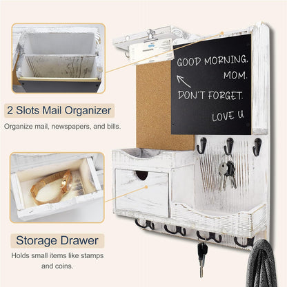 Key Holder for Wall Mount with Shelf and Mail Organizer, Key and Mail Holder with 16 Hooks, Farmhouse Entryway Organizer, Home Decor Rack (Pine Wood, White Washed)