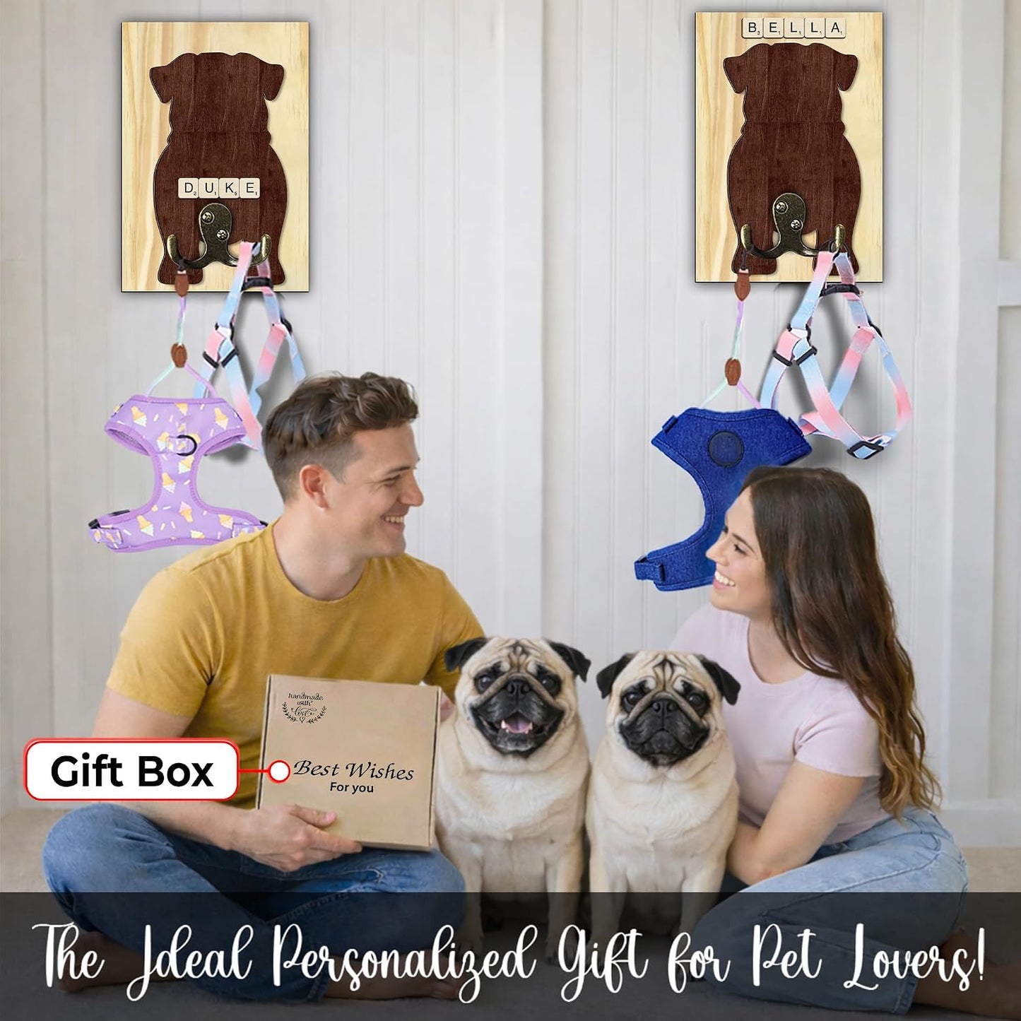 Dog Leash Holder Wall Mount, Pet Harness Hanger with Scrabble Letters, Dog Collar Organizer for Entryway, Memorial Cat Leash Holder for Wall, Pet Loss Gifts, Keepsake, Home Decor PF212-NAT