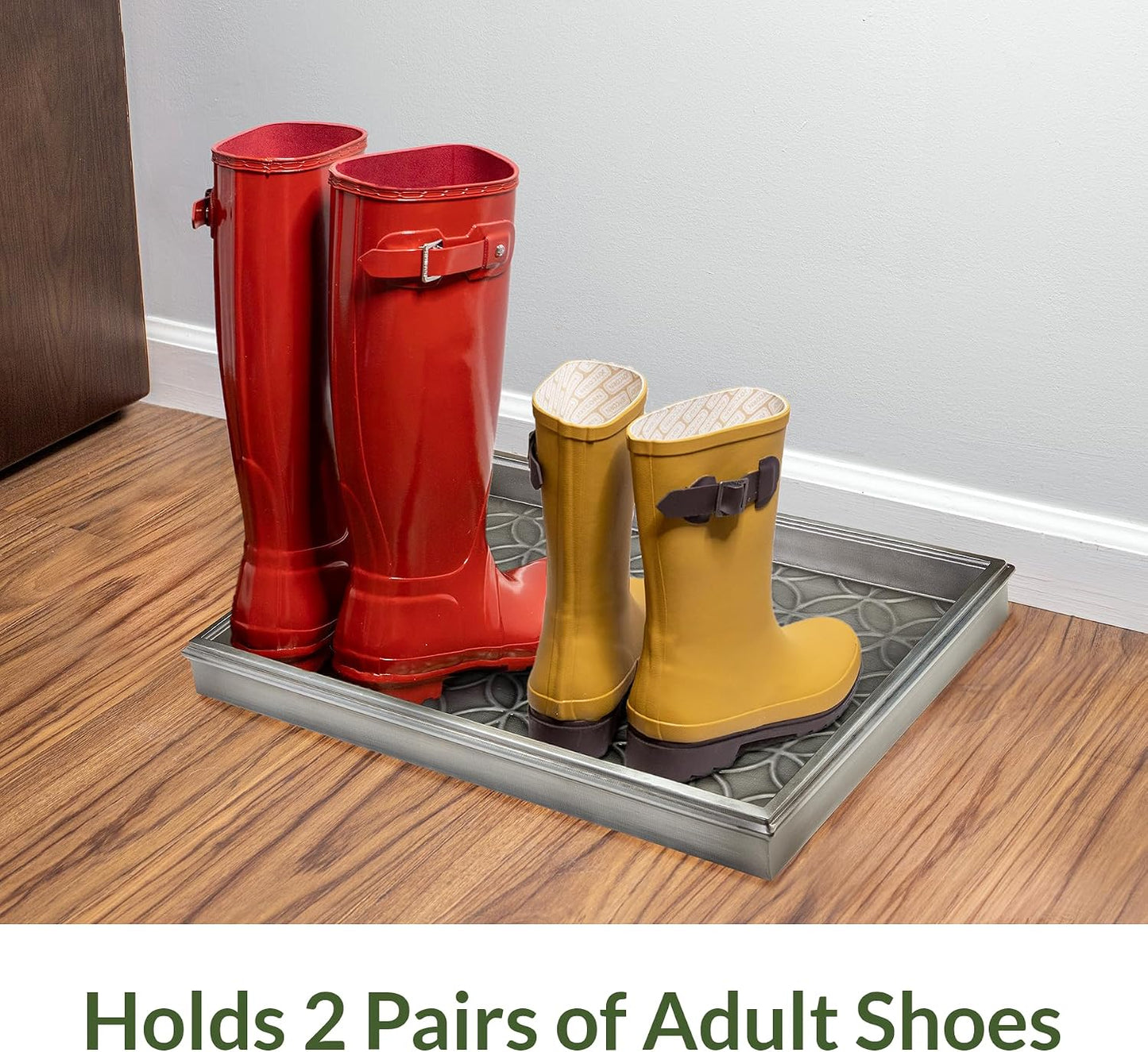 Good Directions 20″ x 14″ Decorative Squares Design Metal Boot Tray – Galvanized Steel with Copper Finish, Multi-Purpose Shoe, Plant & Pet Bowl Tray