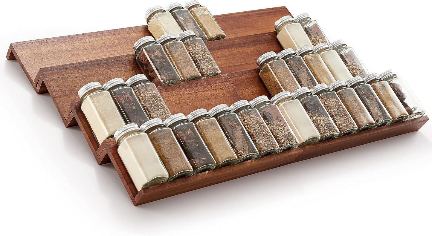 Tinamo Acacia Wood 4-Tier Spice Rack Organizer for Cabinet, Pack of 8 Pcs | Solid Acacia Wood Construction, No assembly, Stackable 4-tray design, Spacious for up to 64pcs 4oz Jars, Easy to Clean