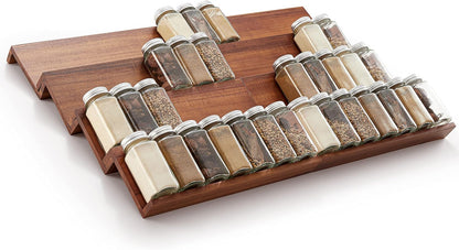 Tinamo Acacia Wood 4-Tier Spice Rack Organizer for Cabinet, Pack of 8 Pcs | Solid Acacia Wood Construction, No assembly, Stackable 4-tray design, Spacious for up to 64pcs 4oz Jars, Easy to Clean