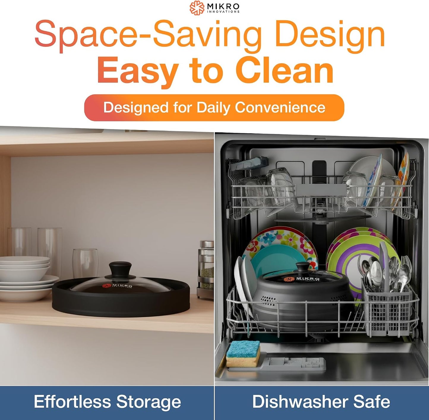 Glass & Silicone Microwave Splatter Cover – Tall and Collapsible Design that fits 6-10.5in Plates and Bowls - Space Saving, BPA Free & Dishwasher Safe (1, Black, large)