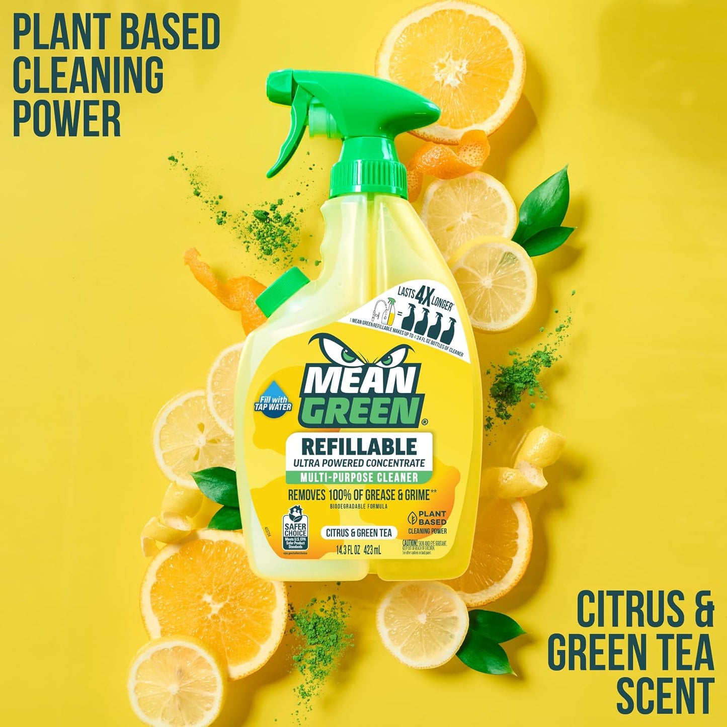 Mean Green Refillable Ultra Powered Multi-Purpose Cleaner Concentrate, Citrus & Green Tea, 14.3 fl oz – Plant & Mineral Based, Cuts Through Grease & Grime, Refillable Bottle Makes 4X Refills