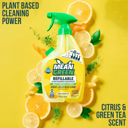 Mean Green Refillable Ultra Powered Multi-Purpose Cleaner Concentrate, Citrus & Green Tea, 14.3 fl oz – Plant & Mineral Based, Cuts Through Grease & Grime, Refillable Bottle Makes 4X Refills