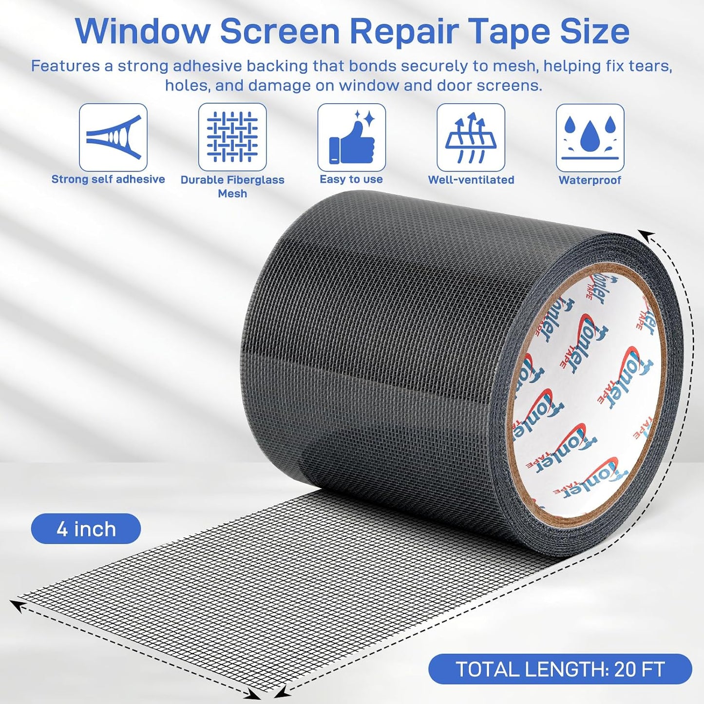 Gray Window Screen Repair Tape 2" x 40FT Fiberglass Strong Adhesive | Waterproof fiberglass mesh repair patch, fixes holes and tears, easy to cut and stick for window door screen repair