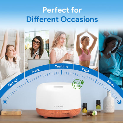 ASAKUKI Essential Oil Diffuser for Home, 500ML Aromatherapy Diffuser Humidifier with Remote Control, 7 Color LED Lights, Quiet Cool Mist Diffuser for Bedroom, Living Room, Office (White)