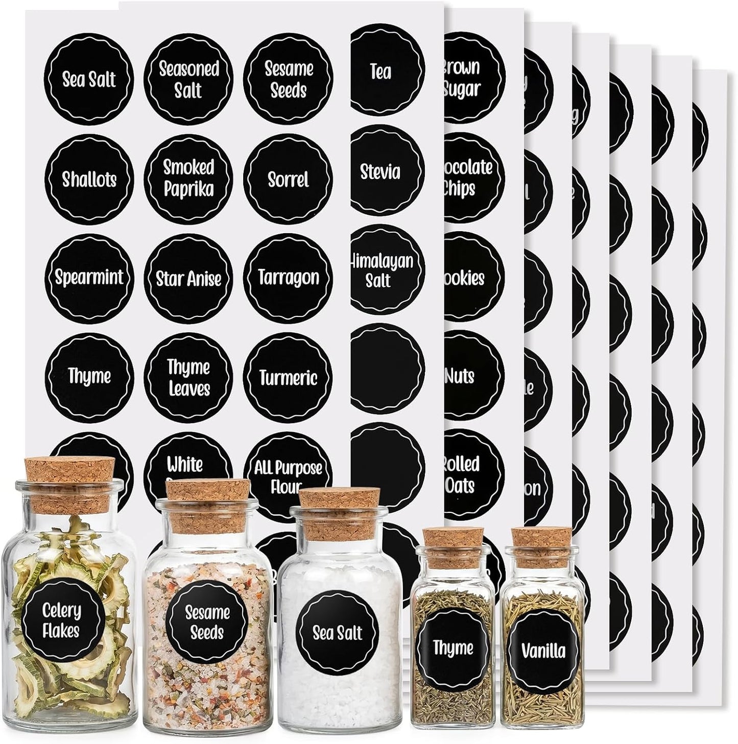 170PCS Kitchen Pantry Labels for Food Containers, Black Script Clear Labels | Water & Oil Resistant Preprinted Labels, Easy Peel and Stick for Jars, Bins, Containers and Food Storage Organization