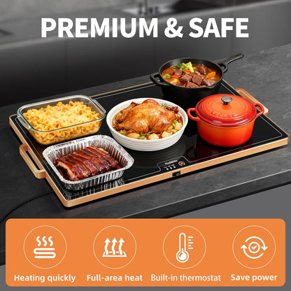 Warming Mat for Food,Extra Long 40"x12",Tempered Glass Warming Tray, Black