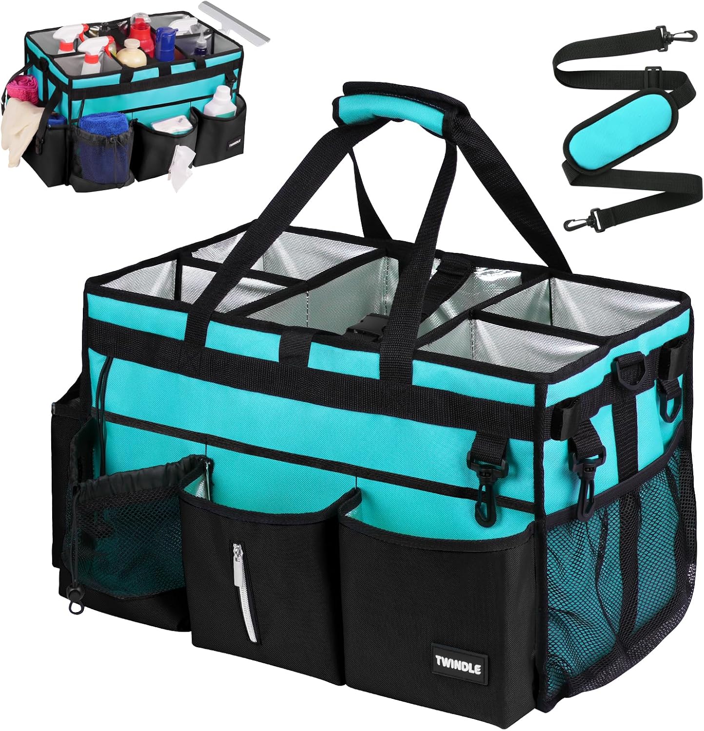 Extra Large Cleaning Caddy Bag with Built-In Support Board, Cleaning Tote Organizer with Removable Divider, Supply Carryall with Adjustable Shoulder Strap and Waist Belt for Cleaners & Housekeeper