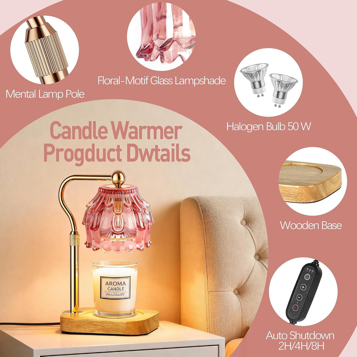 Candle Warmer Lamp with Timer - Flower Electric Wax Melter Warmer Adjustable Height for Jar Candles, Gift for Women, Mom, Christmas, Birthday,Home Decor