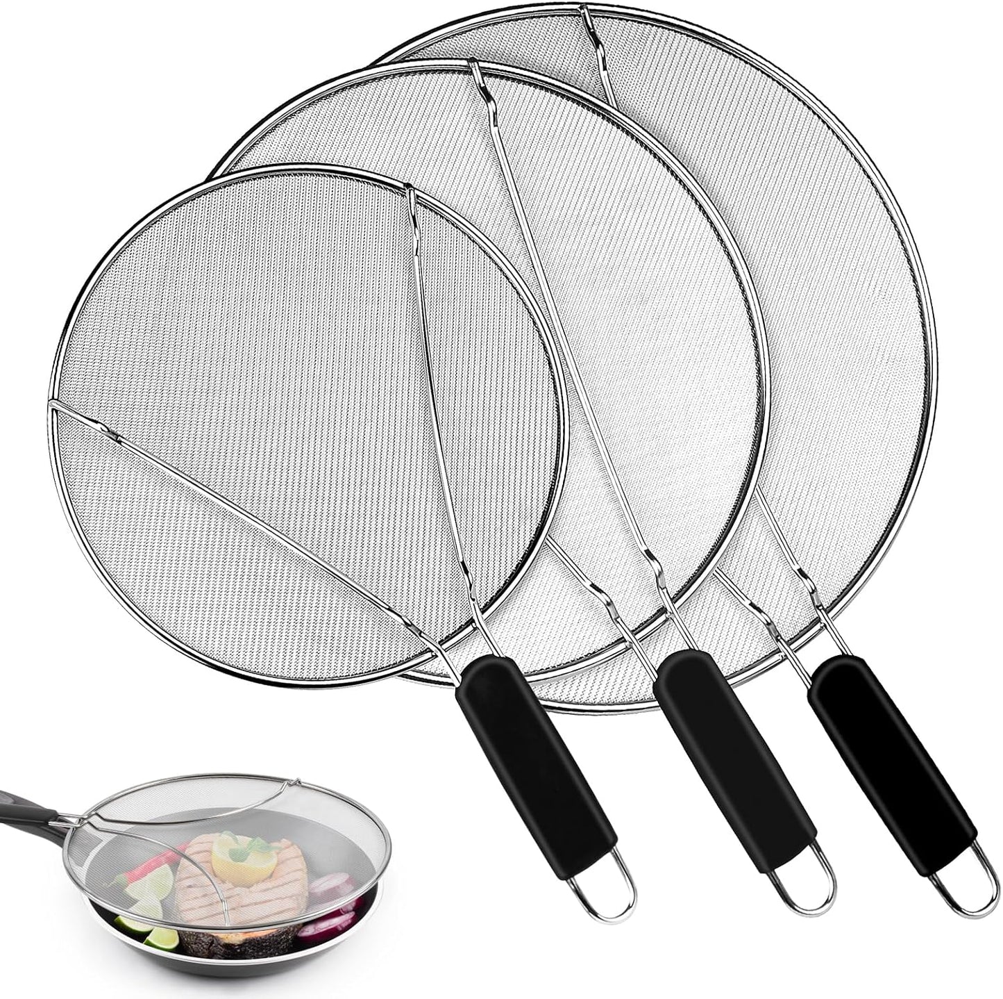 Splatter Screen for Frying Pan - 9.8" 11.4" 13" Stainless Steel Fine Mesh Grease Splatter Guard with Silicone Handle, Hot Oil Splash Guard for Cooking to Prevent Oil Splatter, Safe Cooking
