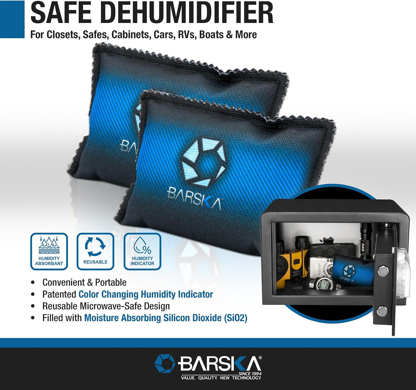 BARSKA Rechargeable Desiccant Dehumidifier - Safe Moisture Absorber for Home Closets, Gun Safes, Basement, Garage, Cars, Microwaveable - Portable Blue Dehumidifying Solution