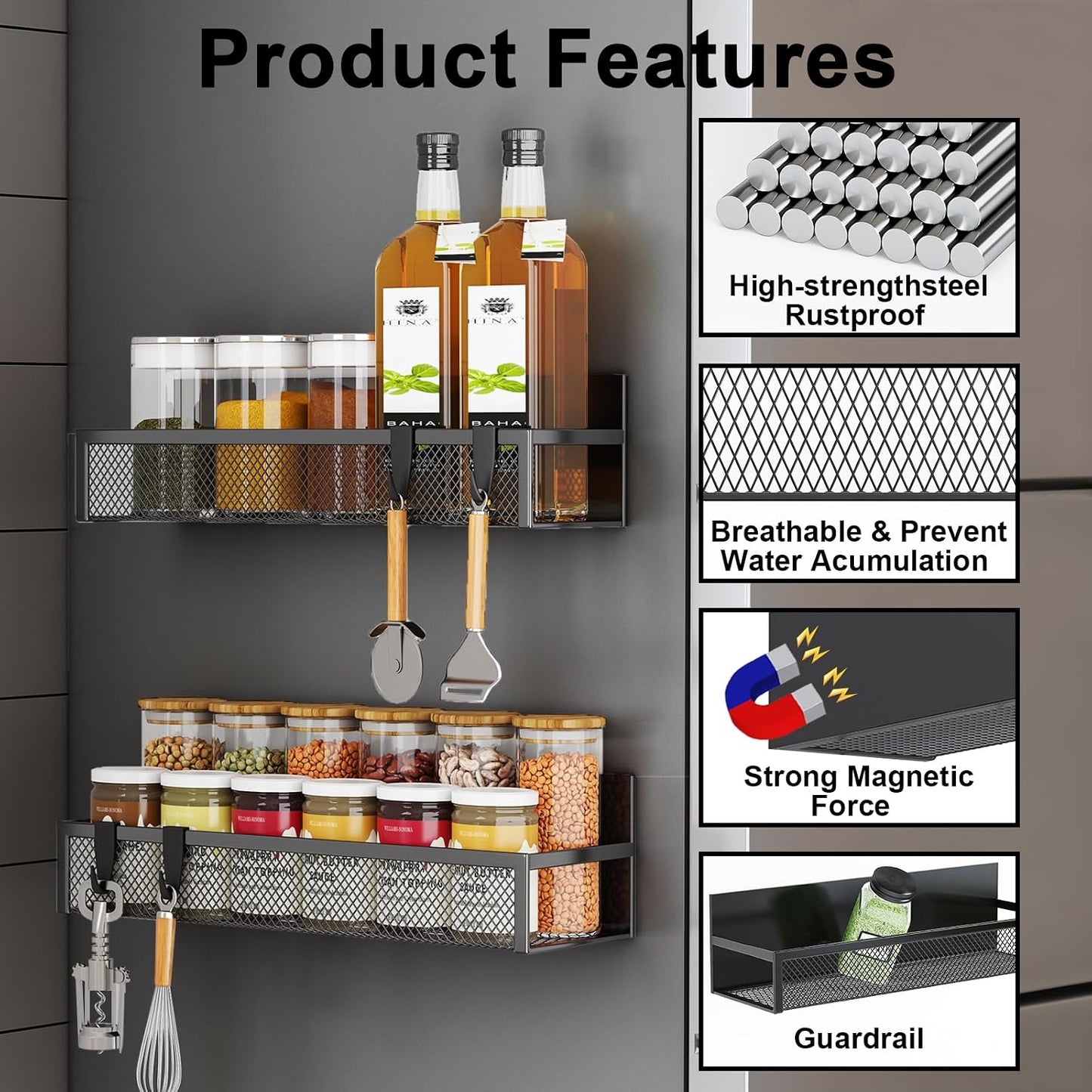 Aufworld Magnetic Spice Rack for Refrigerator, 3 Pack Magnetic Shelf, Moveable Fridge Organizer with 8-Hook Rack, Seasoning Organizer for Kitchen