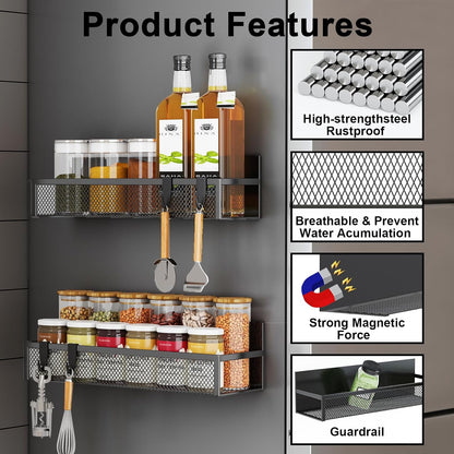 Aufworld Magnetic Spice Rack for Refrigerator, 3 Pack Magnetic Shelf, Moveable Fridge Organizer with 8-Hook Rack, Seasoning Organizer for Kitchen