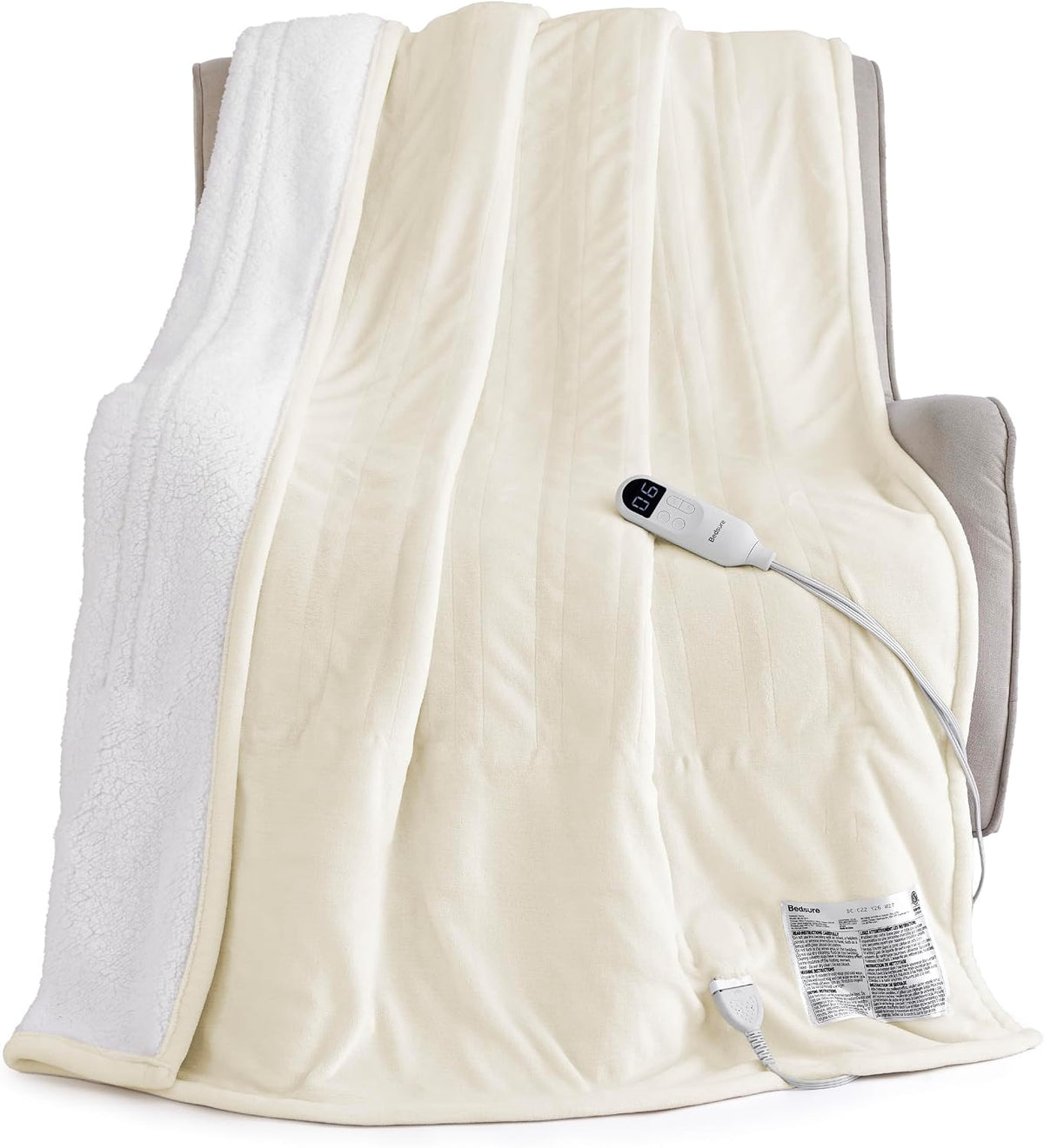 Bedsure Heated Blanket Throw, Soft Electric Blanket with Preheat, Cream