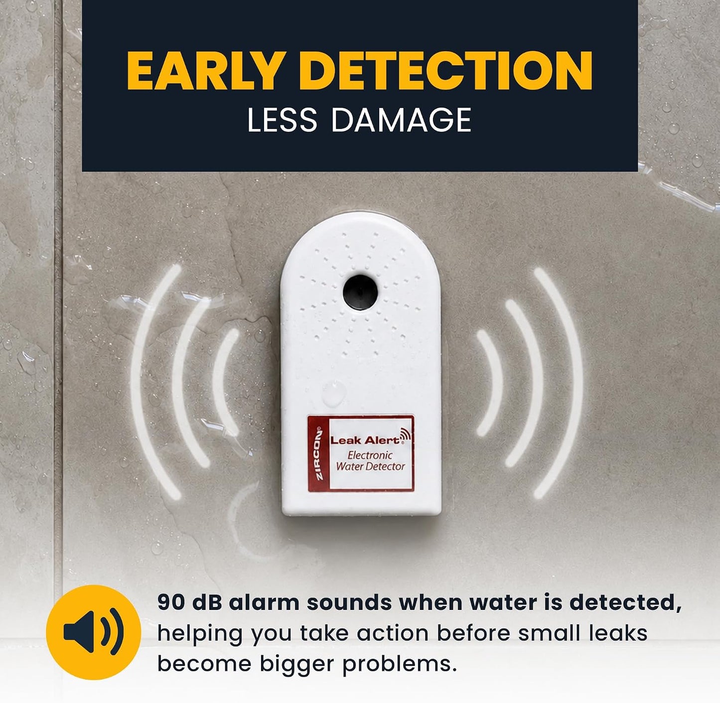 Zircon® Leak Alert™ Water Leak Detector, Loud 90 dB Water Alarm | Detect leaks before costly water damage near water heaters, appliances and plumbing fixtures; no setup required