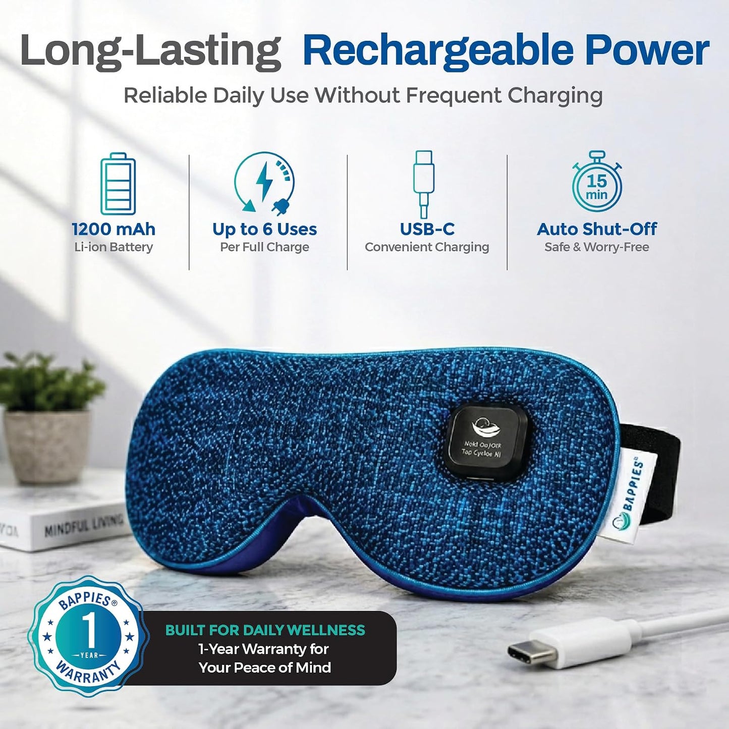Heated Eye Mask, 30 Momme 6A Grade Mulberry Silk, Royal Blue, 3 Heat Levels, USB-C Rechargeable, 15 Min Auto-Off, 1 Year Warranty