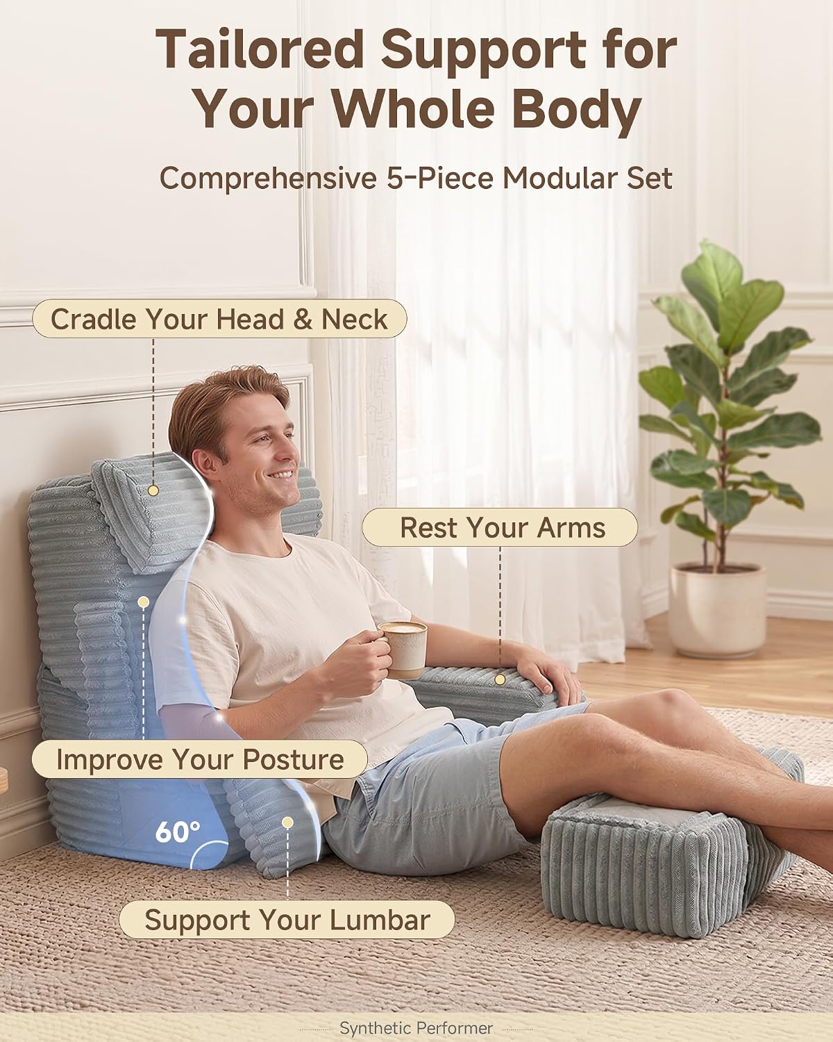 Foldable 5PCS Reading Pillow for Bed, Grey, 19” | 2 in 1 Bed Pillow for Sitting Up, Back Pillow with Arms, Wedge Pillow for Watching TV, Reading, Gaming, Post Surgery, Nursing