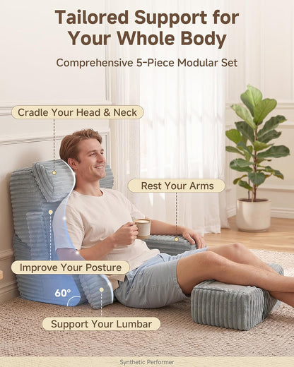 Foldable 5PCS Reading Pillow for Bed, Grey, 19” | 2 in 1 Bed Pillow for Sitting Up, Back Pillow with Arms, Wedge Pillow for Watching TV, Reading, Gaming, Post Surgery, Nursing