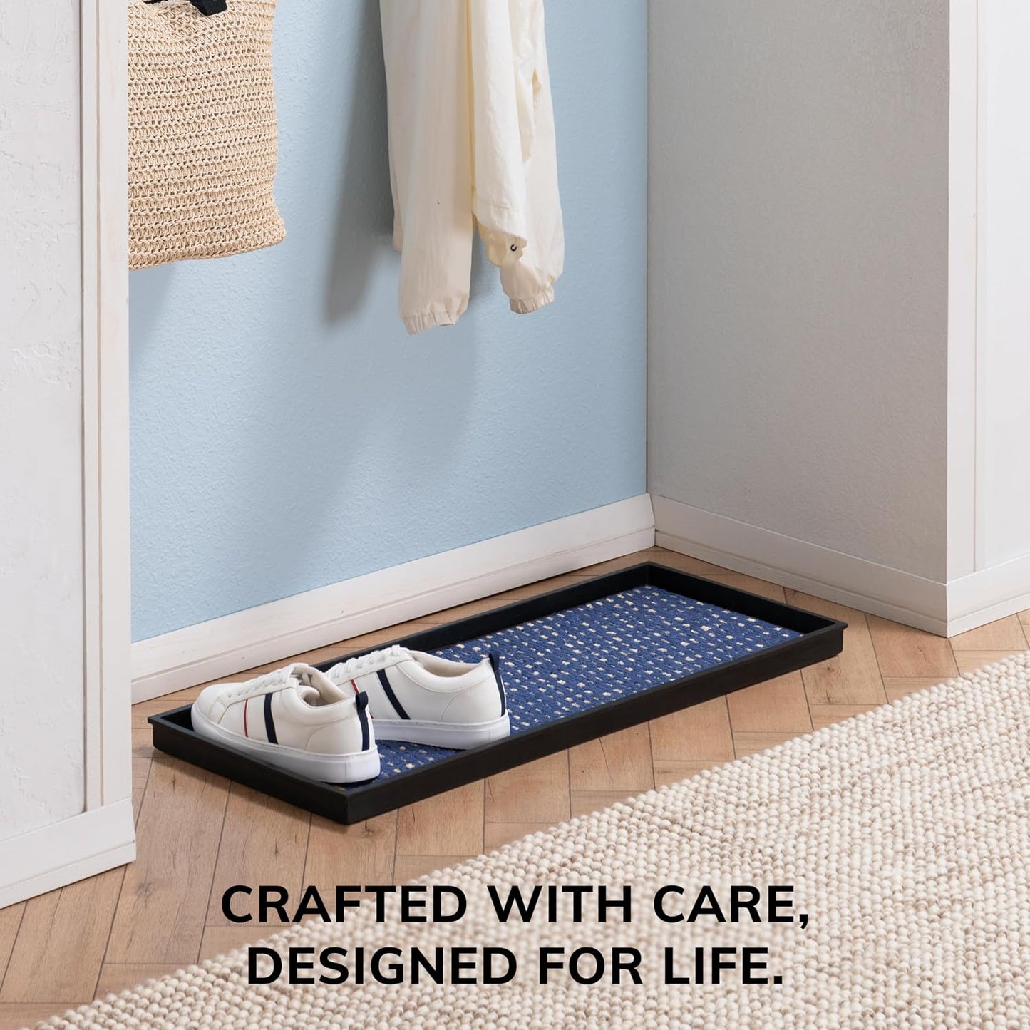 Anji Mountain Heavy Duty Waterproof Rubber Shoe Storage Mat Organizer/Boot Storage Tray Multi Use For Entryway with Coir, Tan Insert, Fits 2 Pair (24.5" Wide)