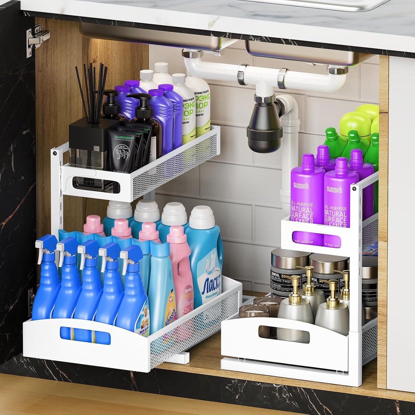 Petiza Under Sink Organizer Adjustable Height 2 Tier Bathroom Organizer Pull Out Cabinet Organer kitchen organizers and storage fridge organizers and storage,White,XL-1 Pack