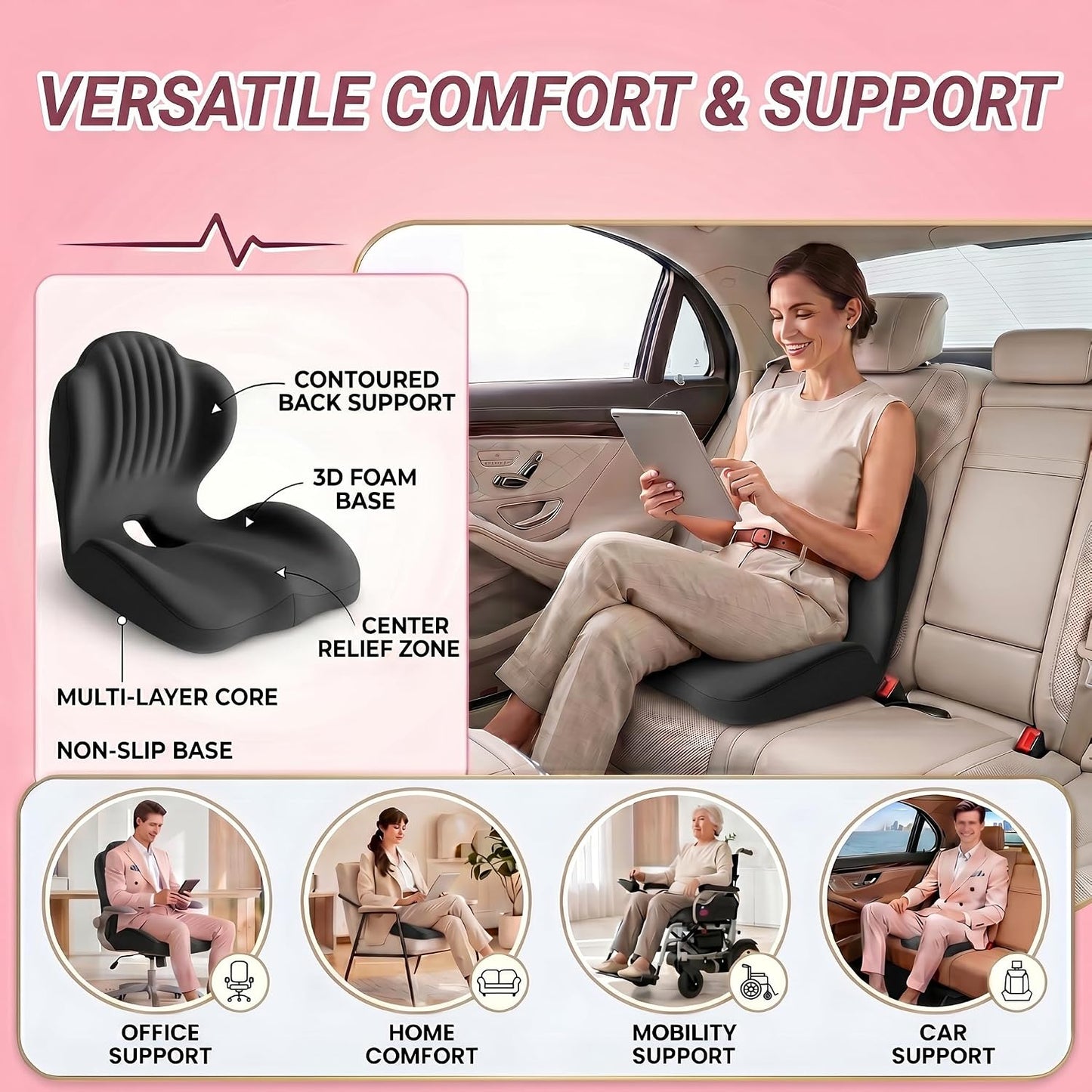 Ergonomic Seat Memory Foam Support Cushion for Back, Car Seat Back Support Cushion for Sciatica Tailbone Pain, Office Desk Chair Car Travel Seat Cushion (Pink)