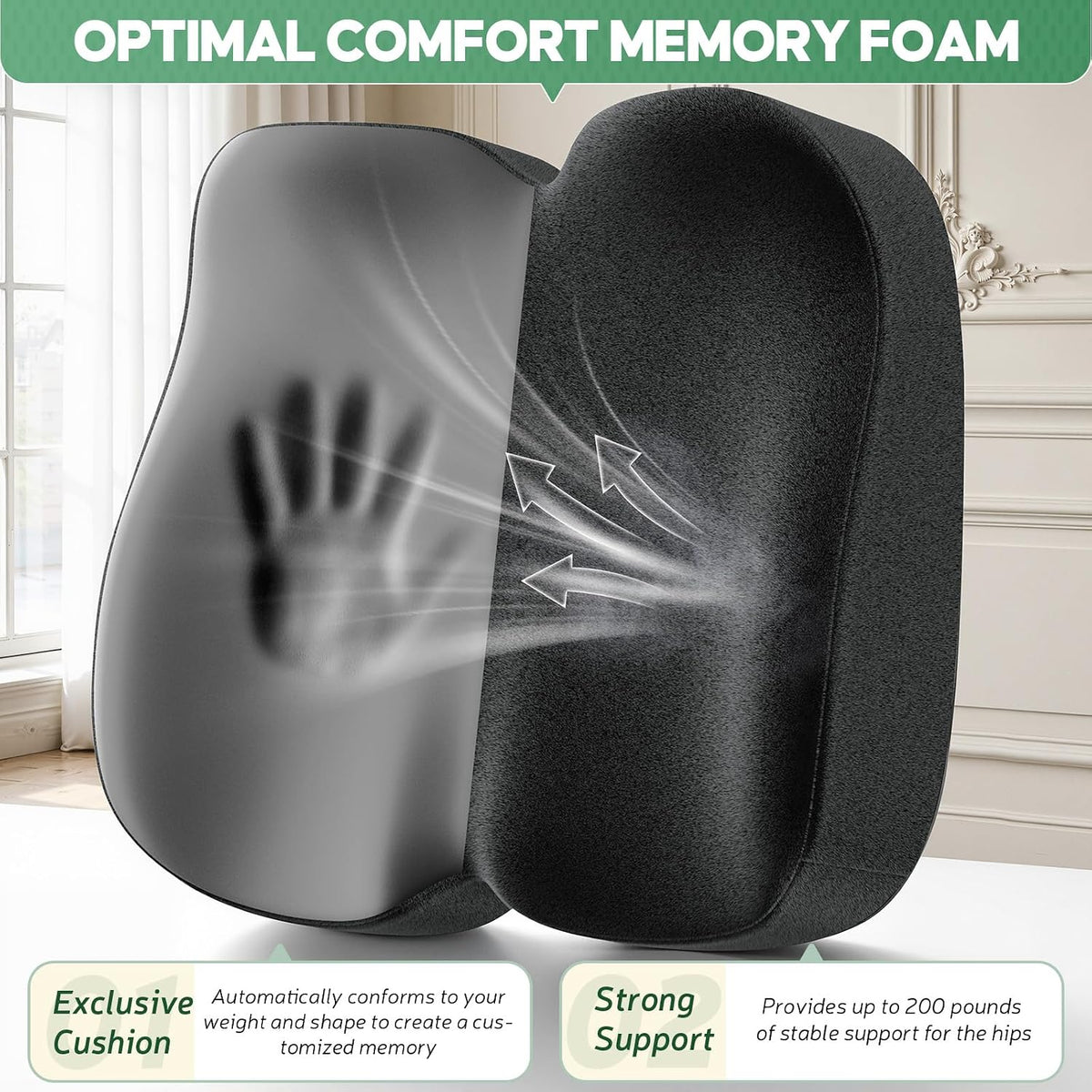 Benazcap Seat Cushion - Memory Foam Car Seat Pad - Sciatica & Lower Back Pain Relief - Car Seat Cushions for Driving - Road Trip Essentials for Drivers, Green