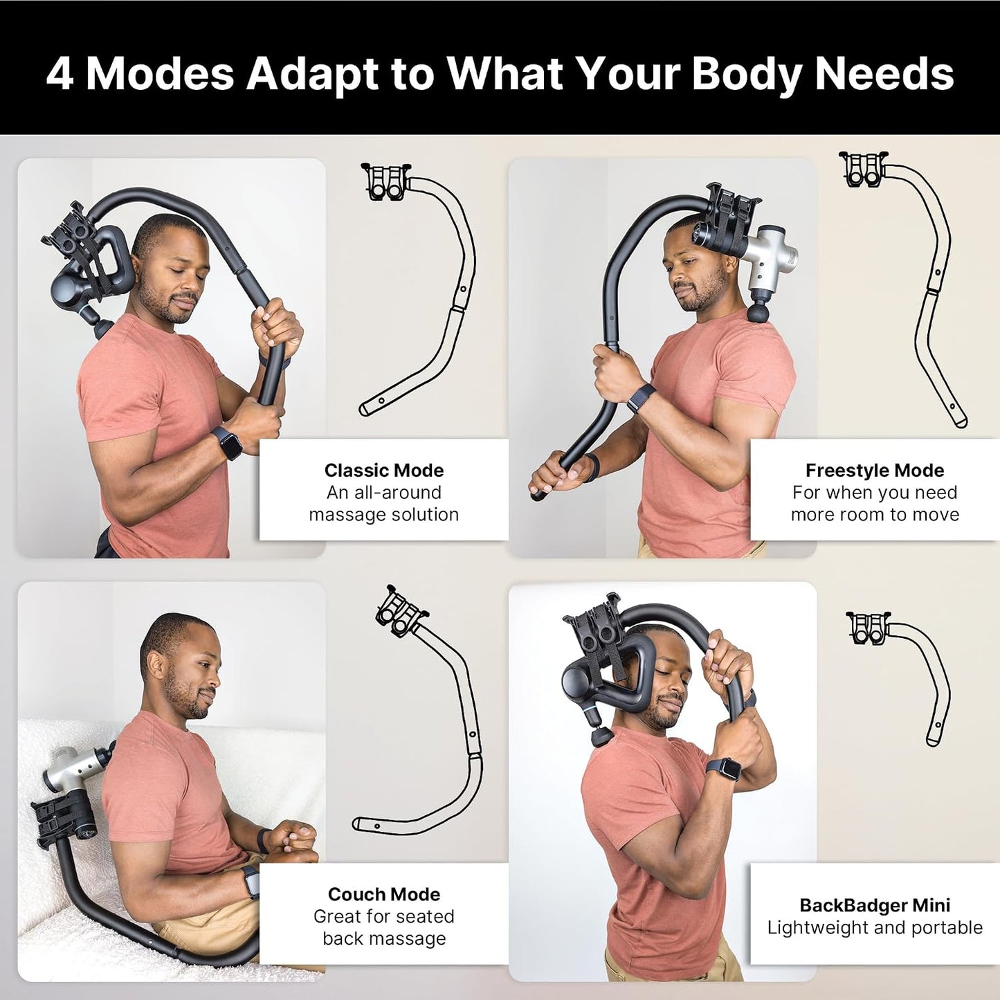BackBadger Flex Massage Gun Holder Adjustable Ergonomic Extension Handle | Compatible With Most Massage Guns For Full-Body Muscle Pain Relief in Back, Neck, Shoulders, Legs, Feet with Less Effort