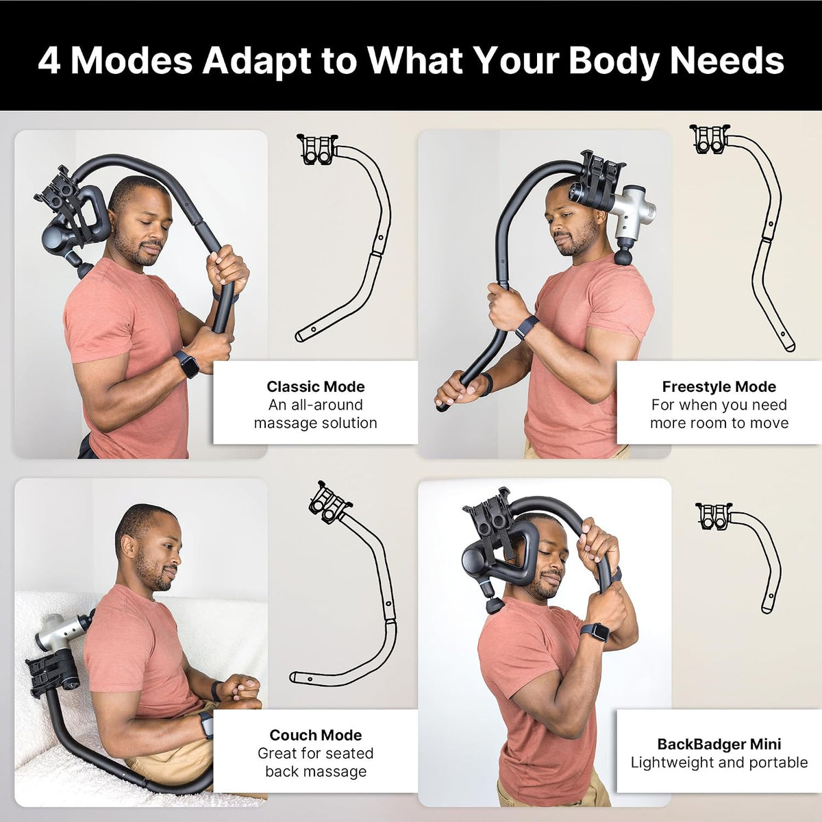 BackBadger Flex Massage Gun Holder Adjustable Ergonomic Extension Handle