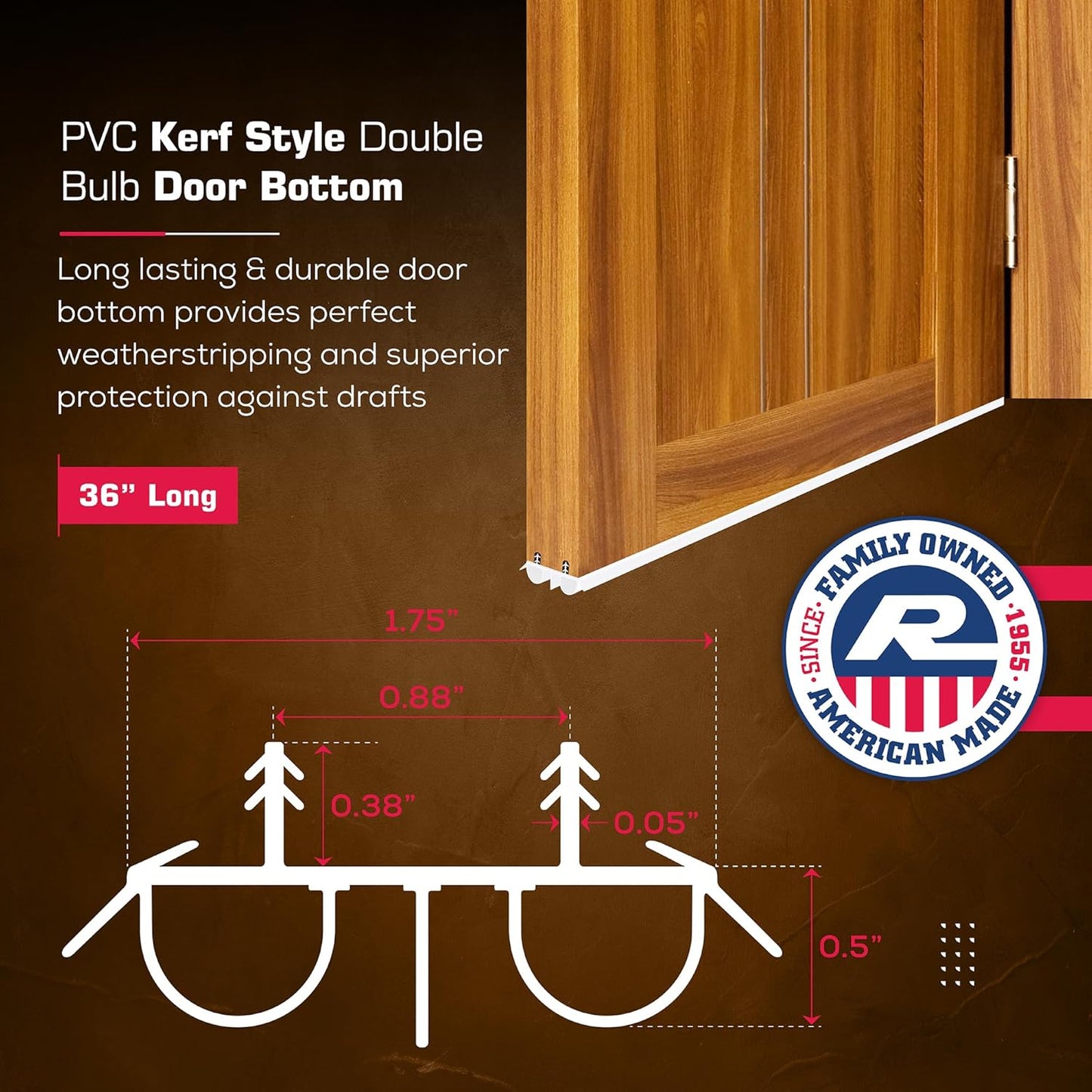 36" Kerf Slide-in Double Bulb Seal Weatherstrip Door Bottom – Durable Seal for Energy Efficiency & Draft Protection (Brown)