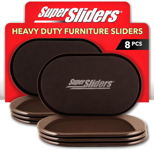 Super Sliders 5-3/4" x 9-1/2" XL Oval Reusable Furniture Sliders for Carpet, Anti-Slip Protective Furniture Moving Pads for Beds, Sofas, Dressers, Set of 8, Brown