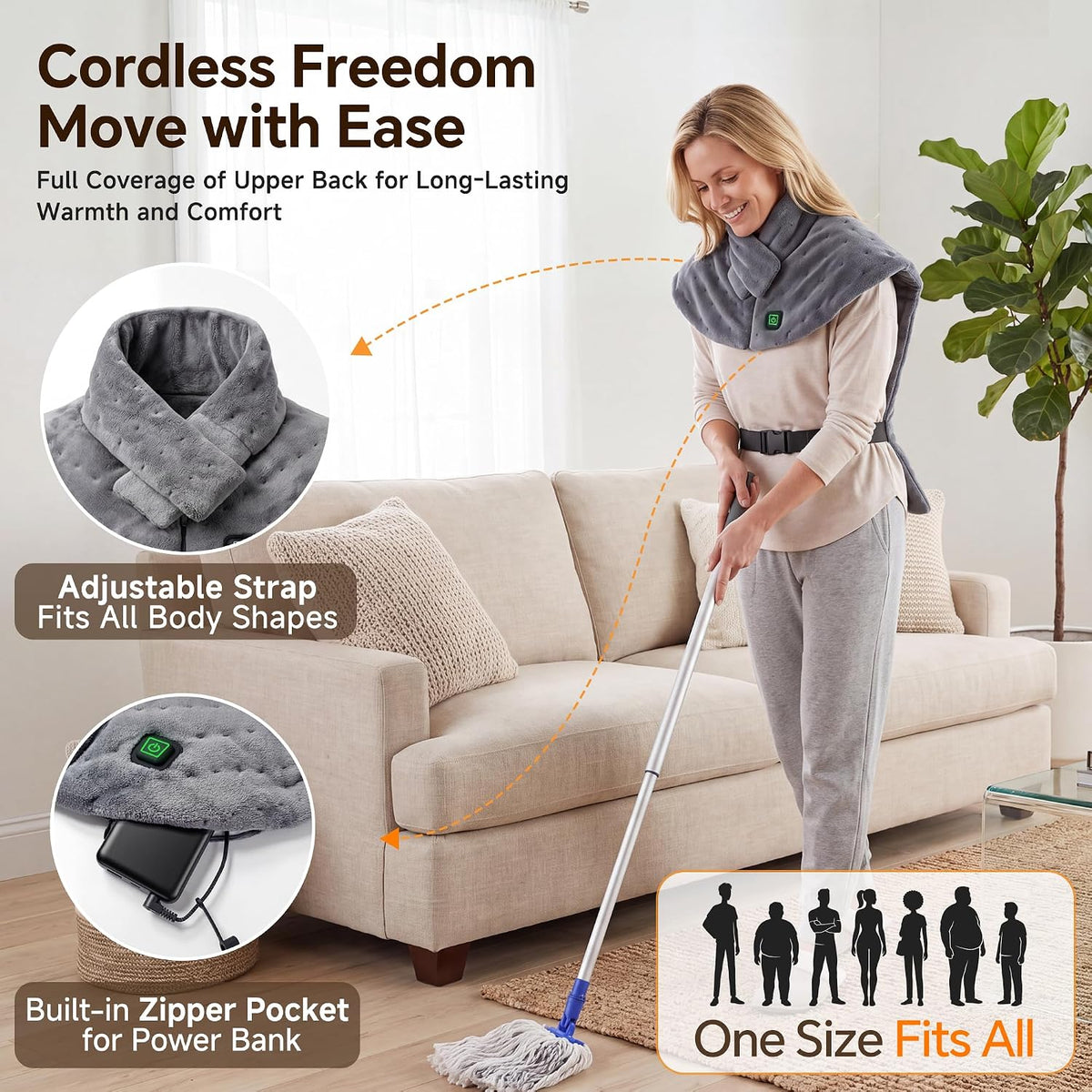 Portable Cordless Heating Pad for Neck and Shoulders Back, 15000mAh Battery