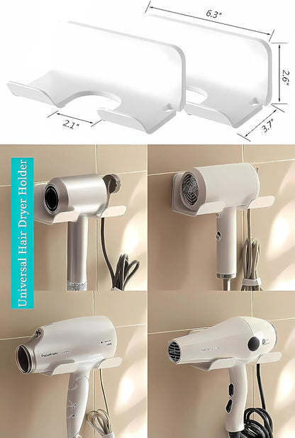 Universal Hair Dryer Holder, Self Adhesive Wall Mount, White | Universal storage rack fits most brand blow dryers, ideal for bathroom organization