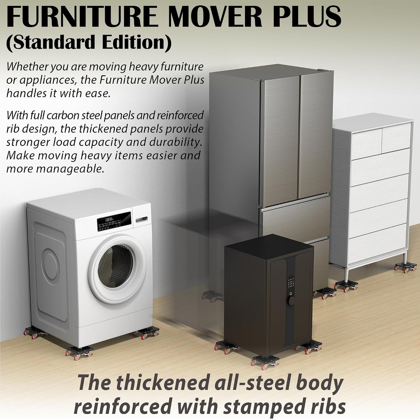ONEON Heavy Duty Furniture Movers with Wheels Dolly with Auxiliary Lifter, All-New Upgraded Carbon Steel Panels & Dual-Wheeled Casters, Supports up to 1650 lbs (L)