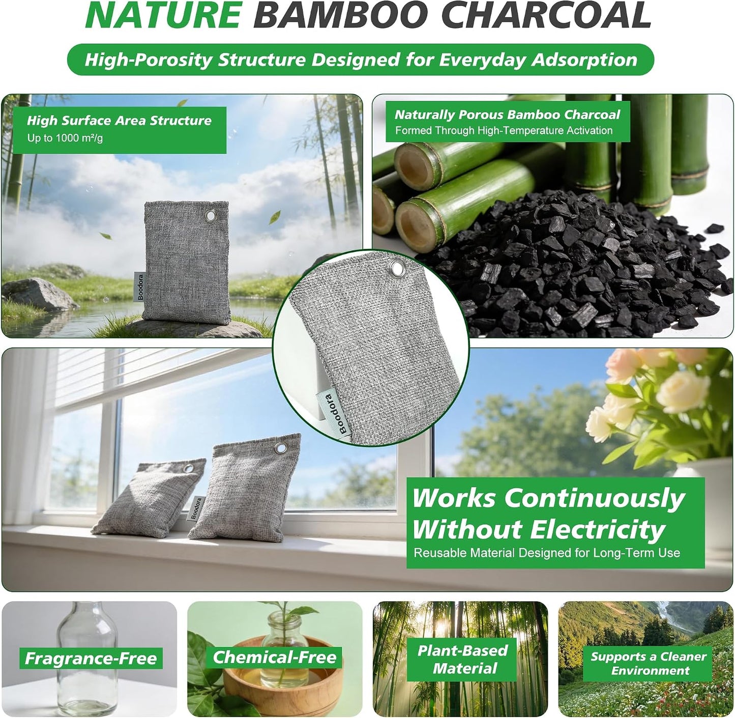 Activated Charcoal Bags Air Purifying 15 Pack, Bamboo Charcoal Odor Absorber for Home Closet Car Shoes, 70g Gray, Natural Odor Neutralizer, Moisture Absorber, Reusable up to 2 Years, 6 Hooks