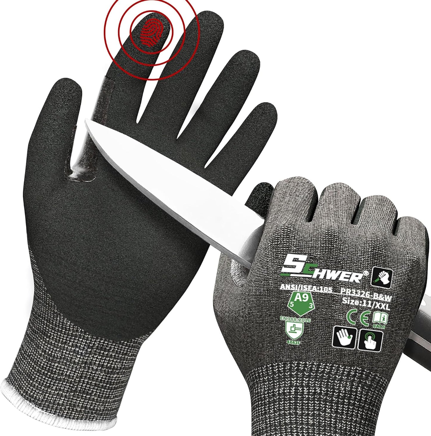 Schwer ProGuard High Level Cut Resistant Work Gloves for Extreme Protection, ANSI A9 Cut Gloves with Reinforced Thumb, Non Slip, Breathable, Durable, Touch-screen, Black 1 Pair（L 3326