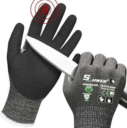 Schwer ProGuard High Level Cut Resistant Work Gloves for Extreme Protection, ANSI A9 Cut Gloves with Reinforced Thumb, Non Slip, Breathable, Durable, Touch-screen, Black 1 Pair（L 3326