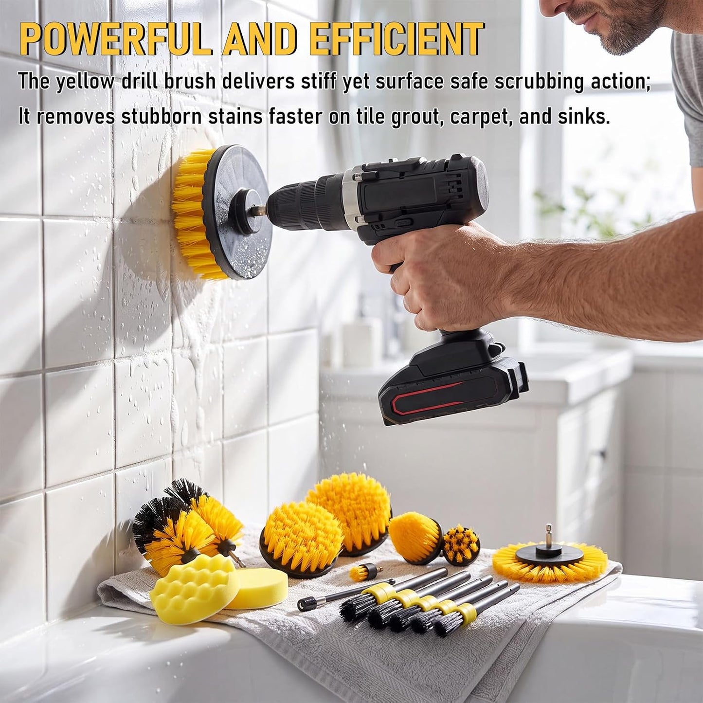 28 Pack Drill Brush Attachment Set, Power Scrub Brushes with Extend Long Attachment for Bathroom, Car Detailing, Sinks, Grout, Floor, Tub, and Kitchen Surface, Scratch Brushes (Yellow)