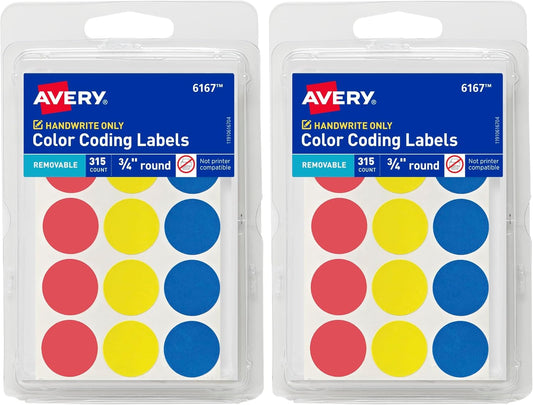 Avery® Color-Coding Removable Labels, 3/4 Inch Round Labels, Assorted Colors, Non-Printable, 315 Dot Stickers Total (6167)