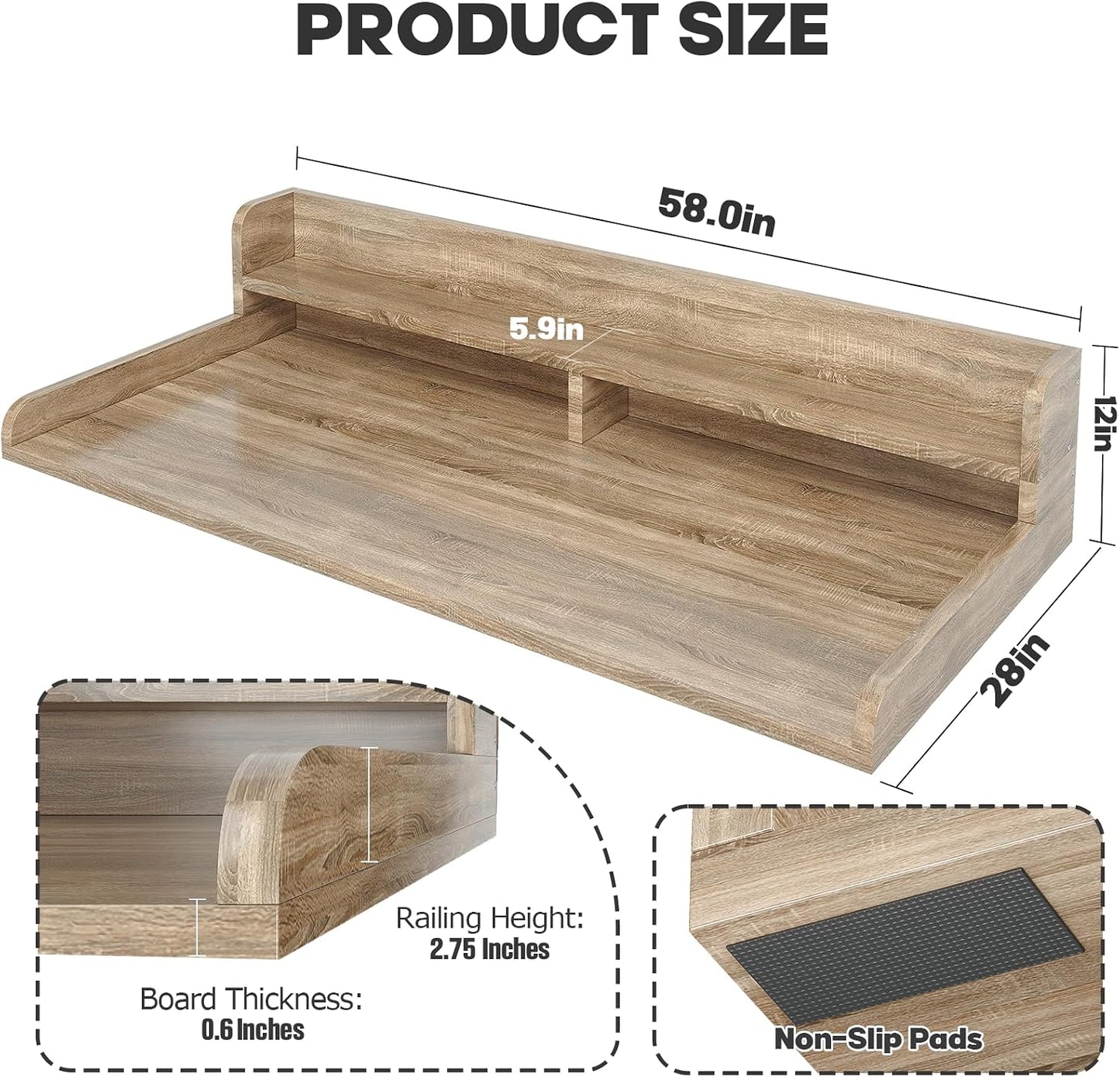 2-Tier Washer Dryer Countertop with 2.75" H Edge Rails, 54" W x 27.55" D Laundry Countertop for Folding Clothes, Washer and Dryer Topper with Non-Slip Pad (Dark Walnut)
